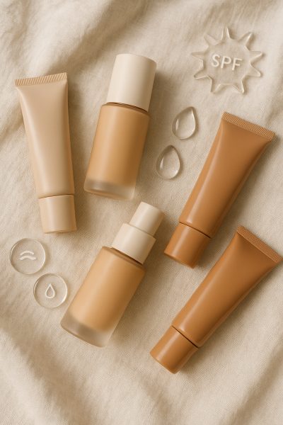 Flat lay of tinted moisturizer bottles and tubes on pale beige linen with glass water droplets, SPF icons, and modern skin type tokens.