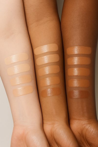 Tinted moisturizer swatches on three overlapping forearms of diverse skin tones, showing cool, neutral, and warm undertones.