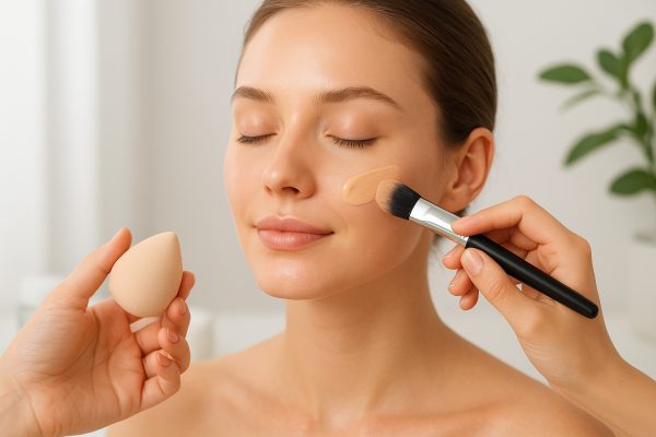 Hands using brush, sponge, and fingertips to apply tinted moisturizer to a model\u2019s radiant face; minimalist vanity in background.