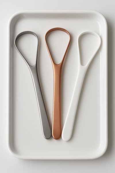 Three tongue scrapers of different materials elegantly fanned out on a glossy white tray, highlighting their hygienic design.