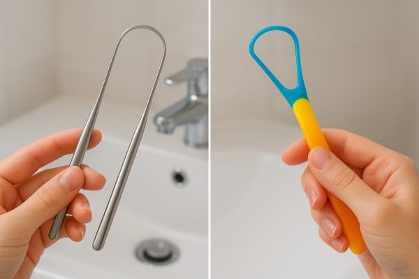 Hands holding stainless steel and plastic tongue scrapers above a clean sink, clearly showing material and grip differences.