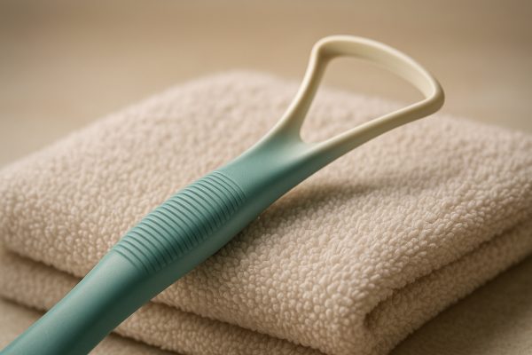 Macro of a tongue scraper\u2019s ergonomic handle and edge, resting on a soft towel, highlighting comfort-focused design.