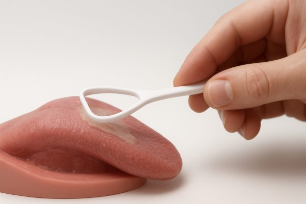 Hand using a tongue scraper on a realistic tongue model, demonstrating effective cleaning and removal of debris."
