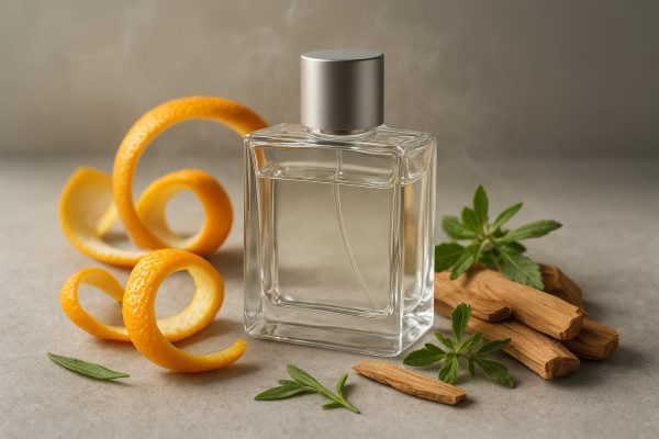 Elegant unisex perfume bottle on a matte stone surface, surrounded by citrus peels, sandalwood, and herbs, highlighted by diffused daylight and subtle vapor.