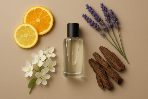 Flat lay of a glass vial surrounded by clusters of citrus, lavender, white florals, and woods on a matte surface.
