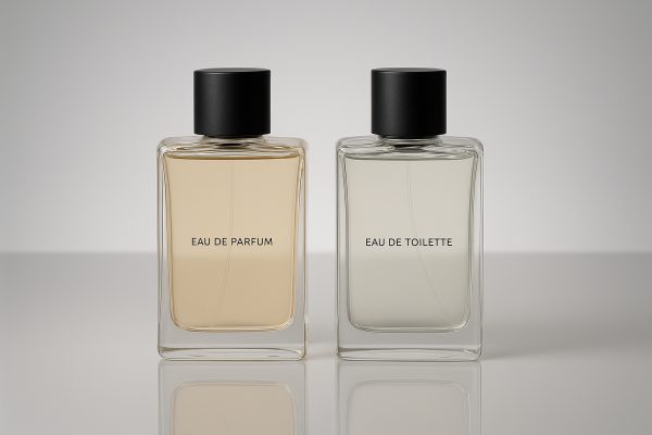 Two clear unisex perfume bottles\u2014Eau de Parfum and Eau de Toilette\u2014on a mirrored surface with a soft white-to-gray gradient background.