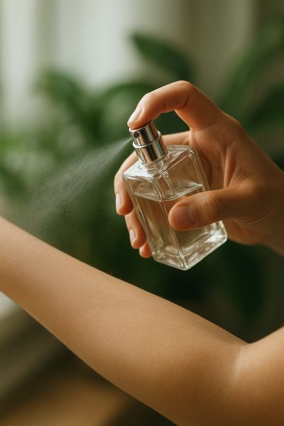 Hands spraying a visible mist of unisex perfume onto a forearm, with natural light and blurred green plants in the background.