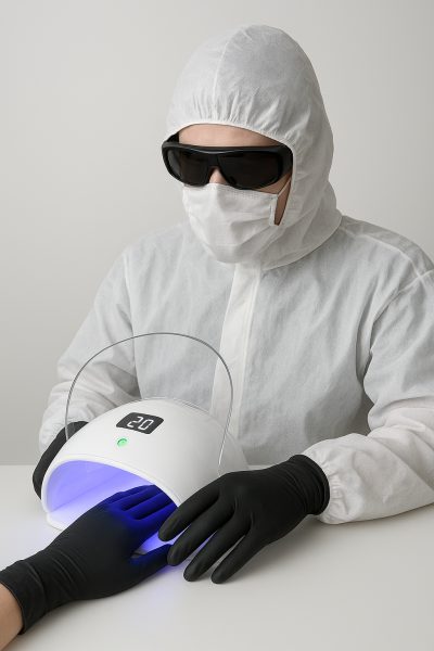 User with UV gloves and glasses using a nail lamp; timer, shut-off, and shield visible.