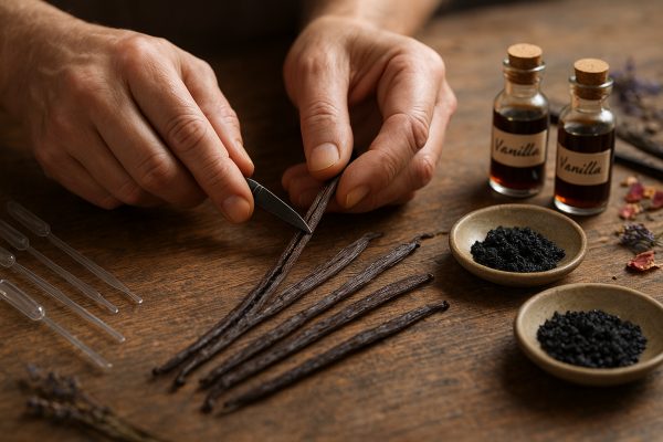 Artisan hands expertly splitting vanilla beans beside glass vials of vanilla oil on a rustic wooden table, with botanical accents and vintage tools.