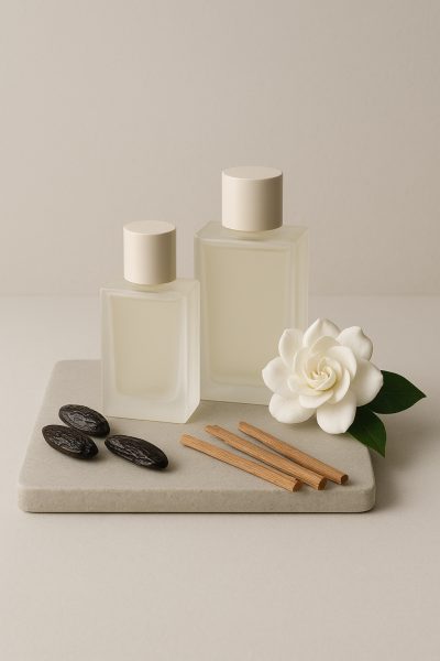 Modern arrangement of vanilla perfume bottles, tonka beans, sandalwood, and a white gardenia on a smooth stone surface.