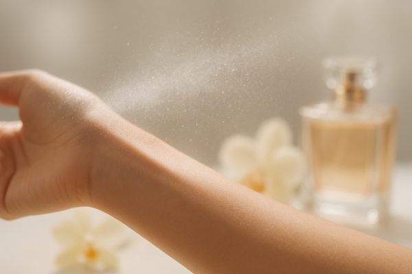 Macro view of a wrist as vanilla perfume mist lands, with blurred vanilla orchids and a bottle in the background.