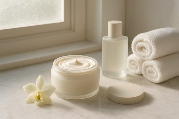 Open vanilla body cream jar, minimalist perfume bottle, rolled towels, and vanilla orchid on a sunlit marble counter.