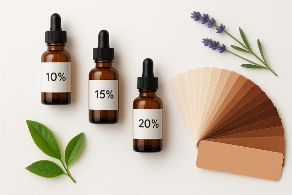 Three vitamin C serum vials of varying strengths, surrounded by skin swatches and botanicals.