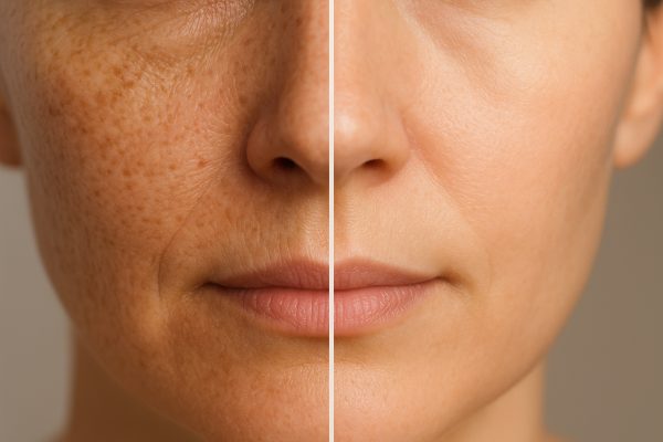 Macro split-image of a cheek showing before-and-after effects of vitamin C serum on pigmentation and wrinkles.