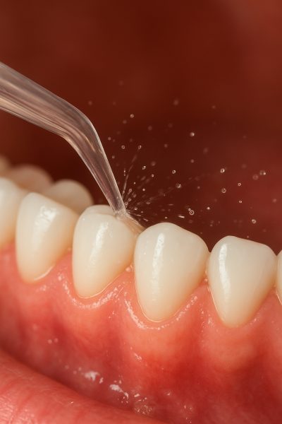 Ultra close-up of water jet cleaning the gum line and teeth with healthy gums.
