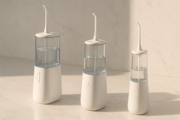 Three water flossers with different reservoir sizes arranged on a marble counter.