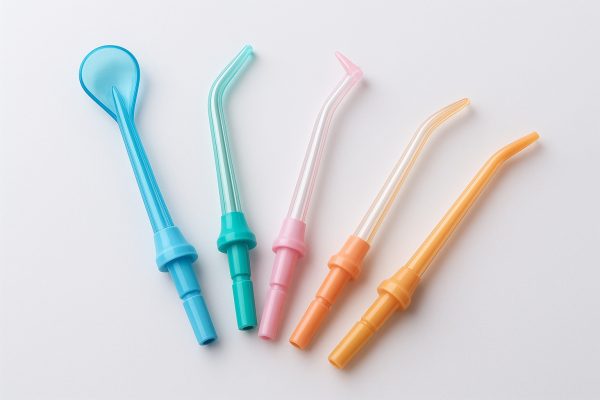 Various water flosser nozzle tips for braces and sensitive teeth fanned out on white.