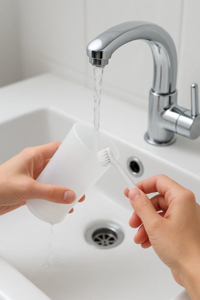 Hands cleaning water flosser tip and reservoir beneath a modern bathroom faucet.