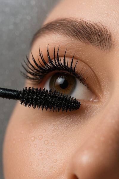Macro of waterproof mascara wand applying to strong, glossy lashes with water beads and misty, blurred background.