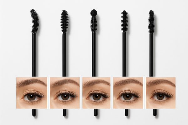 Top view of five waterproof mascara wands with macro insets of lashes showing results for each brush type.