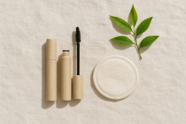 Biodegradable mascara tubes and a bamboo remover pad with green leaves on sunlit linen.