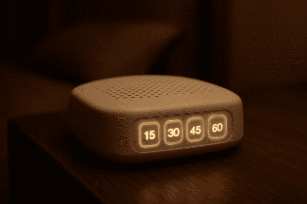 Macro shot of a white noise machine\u2019s timer buttons and glowing LEDs on a dark wood nightstand, with a softly blurred, dim bedroom behind.