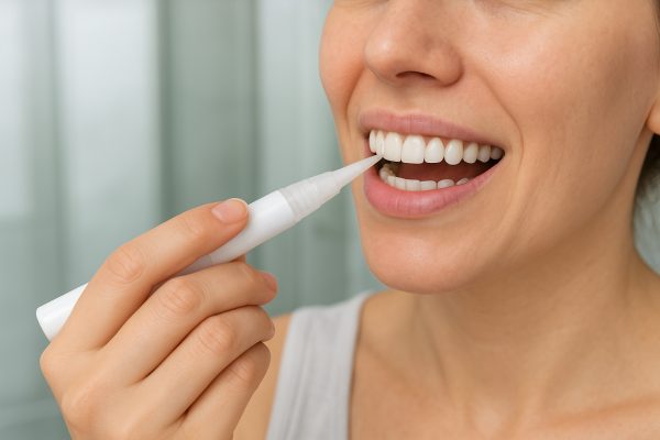 User applies whitening pen gel in smooth strokes across upper front teeth.