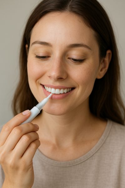Smiling person using whitening pen gently for sensitive teeth care.