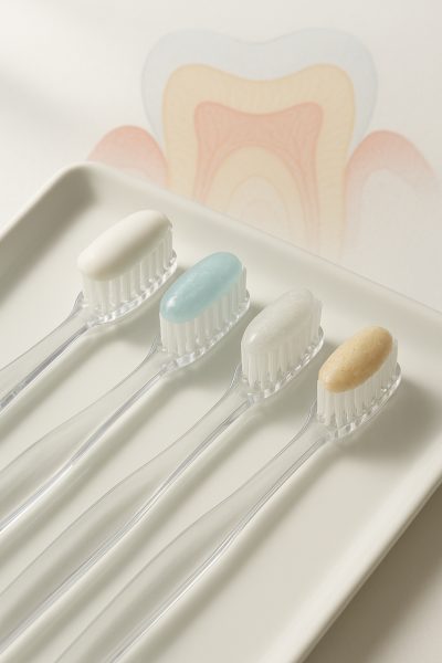 Four types of whitening toothpaste on clear toothbrushes, with a blurred tooth enamel cross-section behind, on a white tray.