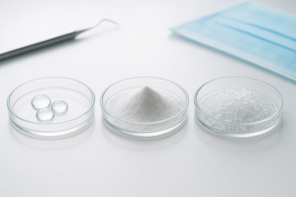 Petri dishes with hydrogen peroxide, baking soda, and silica on a white surface, with dental tools and a blue mask softly blurred behind.