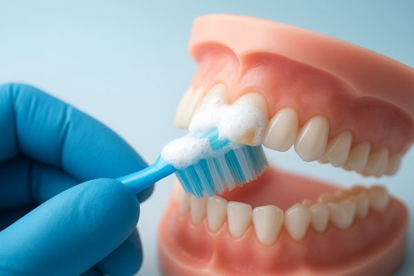 Dental model being brushed by a blue-gloved hand, whitening foam on bristles visibly cleaning a stained tooth, with a soft blue gradient background.