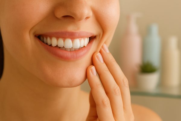 Lower face smiling gently, fingers touching the cheek, white teeth and gums visible, with softly blurred oral care products and a succulent in the background.