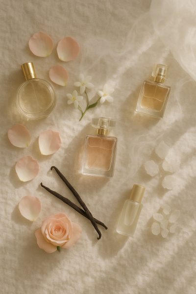 Artful flat lay of women's perfume bottles, rose petals, jasmine, vanilla beans, and musk on a pale linen, with mist symbolizing scent diffusion.