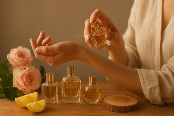 Woman's hand applying perfume to her wrist, with bottles, flowers, citrus, and wood softly blurred in the background.