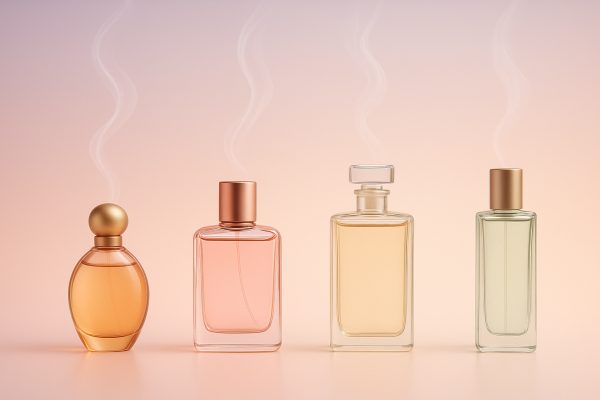 Perfume bottles in a row for parfum, eau de parfum, eau de toilette, and mist, with fading scent trails behind each.
