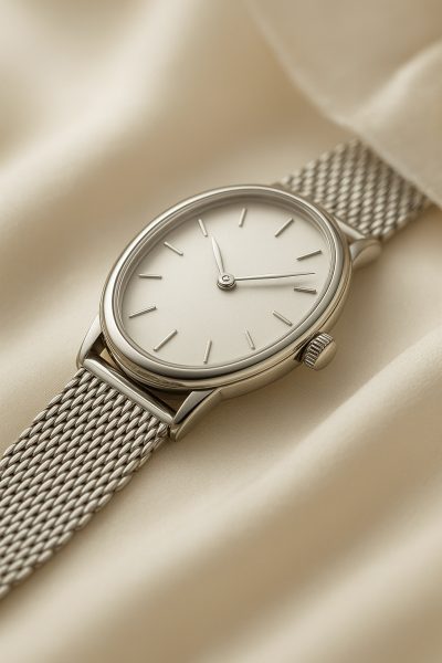 Luxury women's watch with mesh strap and oval bezel on ivory fabric.