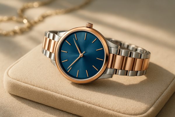 Rose gold and silver women's watch with blue dial on suede jewelry pad.