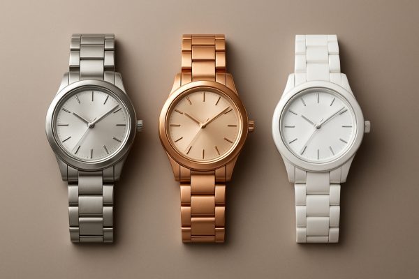 Steel, rose gold, and white ceramic women's watches on taupe surface.