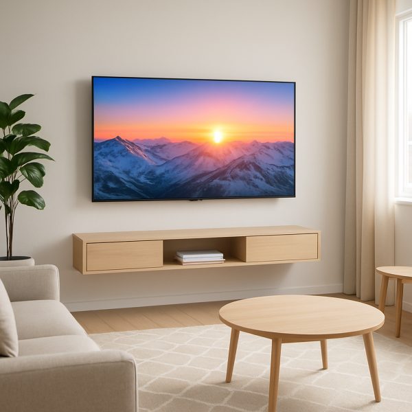 A 40 inch TV wall-mounted above a floating shelf in a bright, Scandinavian living room, displaying a crisp 4K HDR sunrise over mountains.