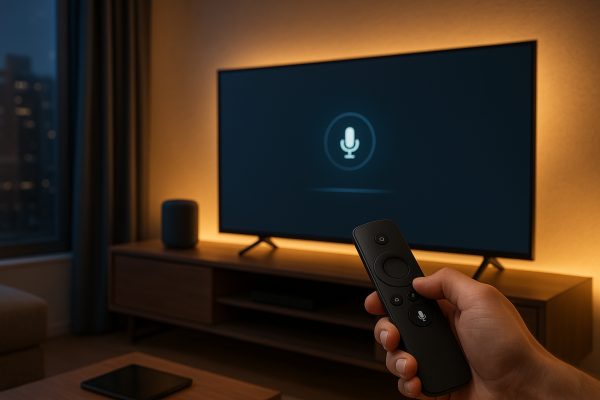 A 40 inch smart TV on a console in a cozy apartment, voice assistant active, smart speaker and gadgets in view.