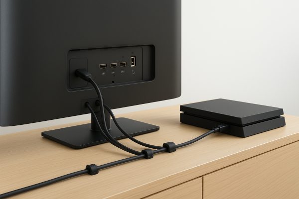 Rear close-up of a 40 inch TV showing organized HDMI, USB, and audio ports with gaming console connected.