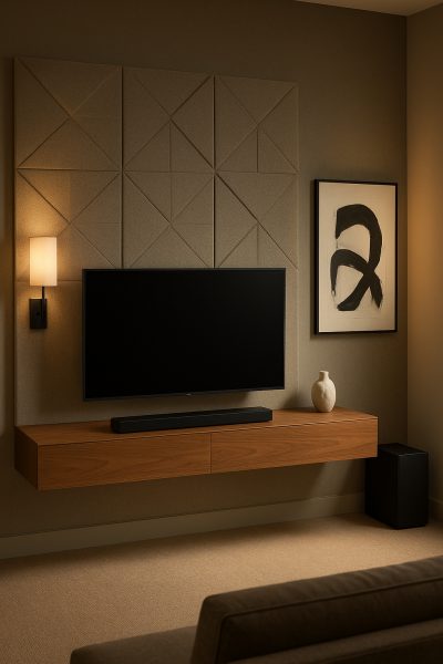 A 40 inch TV with soundbar and subwoofer in a stylish, acoustically treated media room with soft lighting.