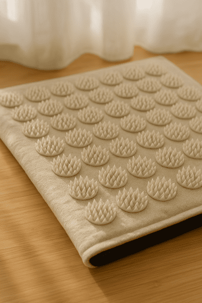 Close-up overhead of a premium cotton acupressure mat on bamboo, showing eco-friendly materials and precisely arranged spikes.