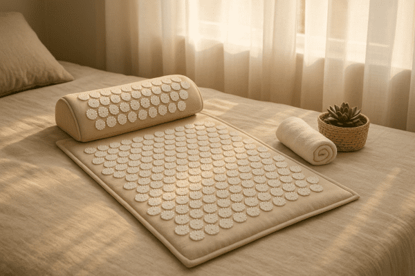 Ergonomic acupressure mat and pillow set on a sunlit bed with soothing, minimal decor.