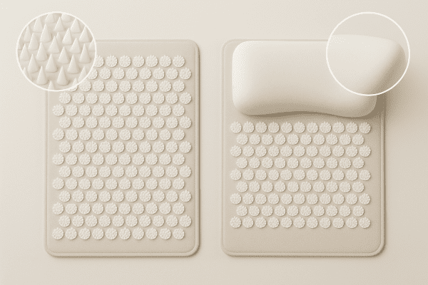 Side-by-side acupressure mats with different spike densities, plus pillow, shown with magnified insets of features.