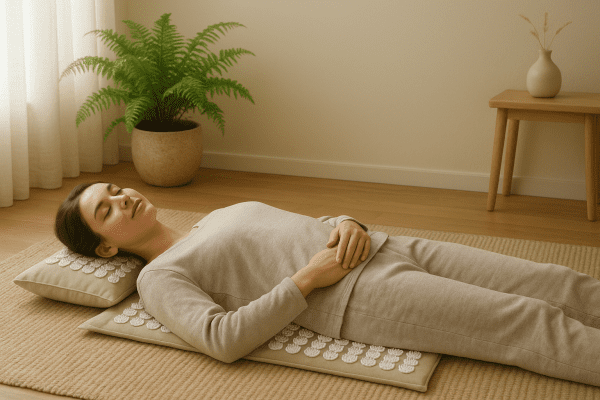 Relaxed person lying on an acupressure mat and pillow in a sunlit, tranquil room with calming decor.