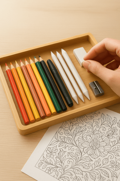 Close-up on a bamboo tray with high-quality pencils, markers, and accessories, a hand choosing a pencil, and a detailed coloring page underneath.