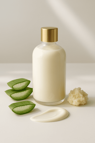 Luxurious after sun lotion with aloe vera and shea butter on a seamless white background.