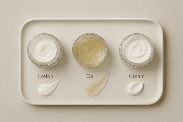 Three glass jars with lotion, gel, and cream, each showing its unique texture on a tray.
