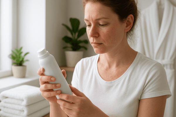 Person with sensitive skin examining antiperspirant spray in a bright, tidy bathroom with a white shirt in the background.